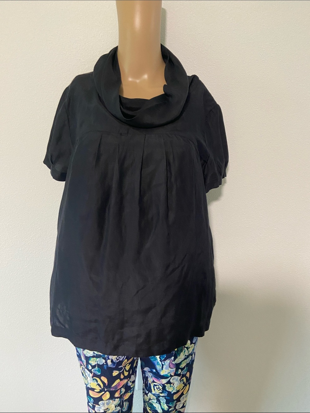 a.n.a silk/cotton blend Black Short-Sleeve Cowl Neck Blouse